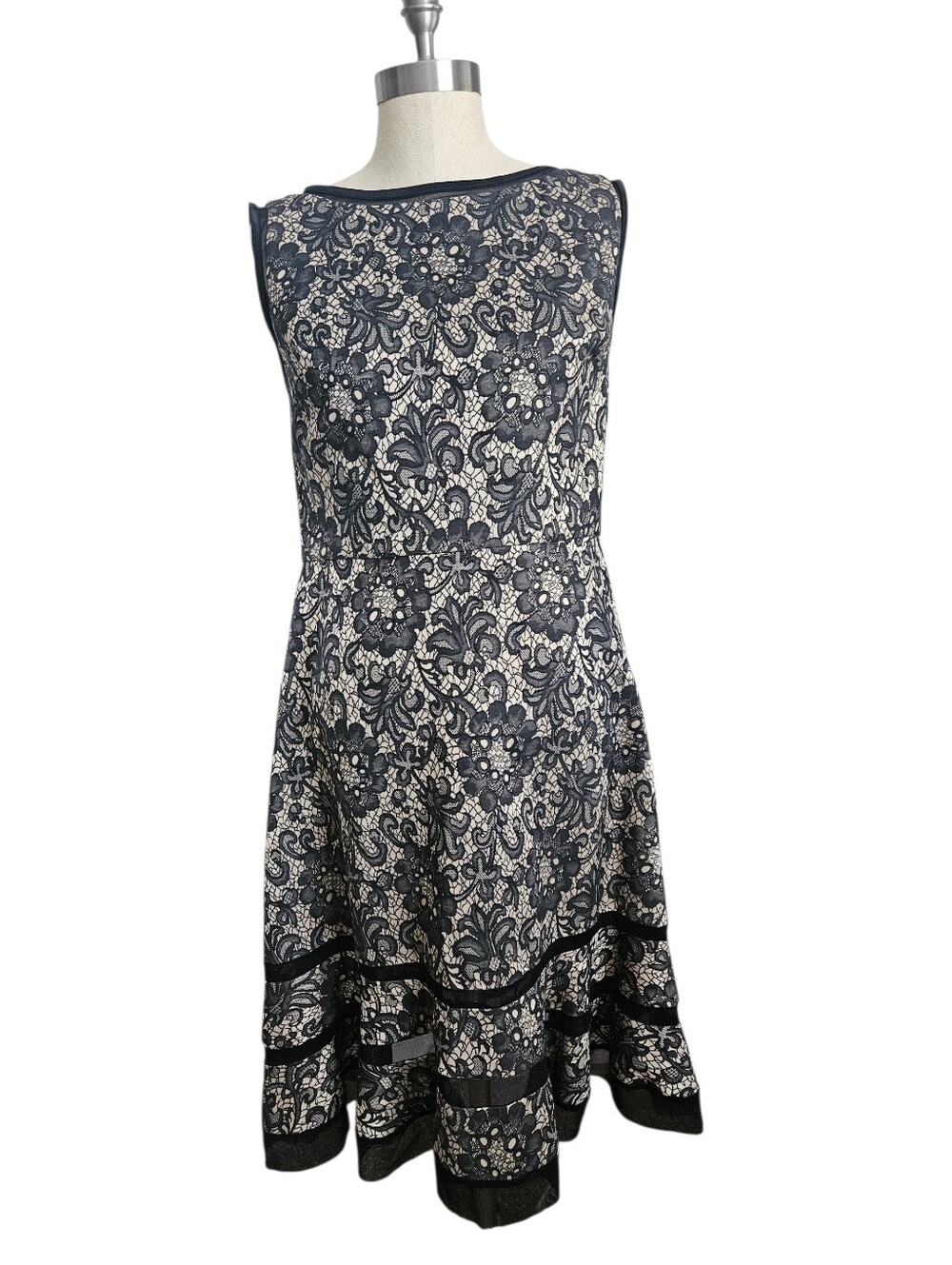 JOSEPH RIBKOFF Sleeveless Black Nude Floral Lace Fit & Flare Midi Dress | SZ 10